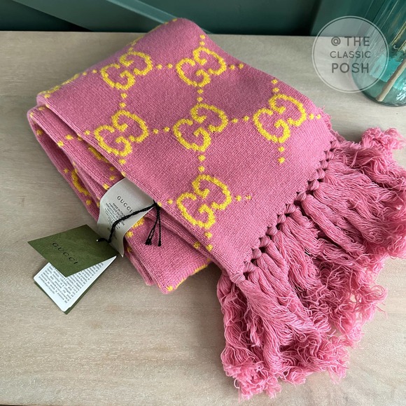 Gucci Accessories - NEW GUCCI Jacquard Pink/Yellow Wool Stole Scarf Retails $620